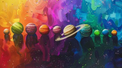 This image presents a creative and colorful interpretation of the solar system, featuring stylized representations of the planets against a backdrop of flowing, rainbow-colored hues that emulate a