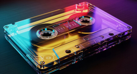 Transparent retro audio cassette tape with colorful neon lights 80s vintage music concept