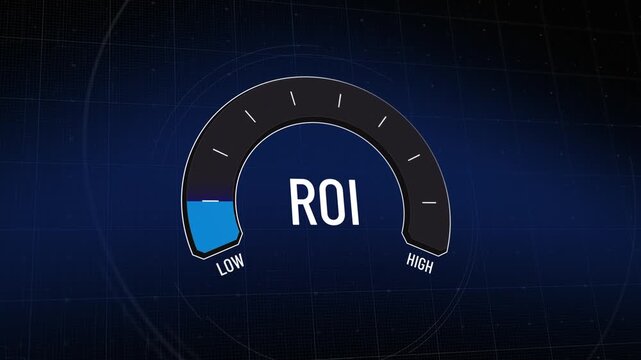 Blue ROI gauge, measuring business performance metrics, indicator from low risk to high reward and falling back, financial prosperity fluctuation, efficiency data monitoring, Copy space
