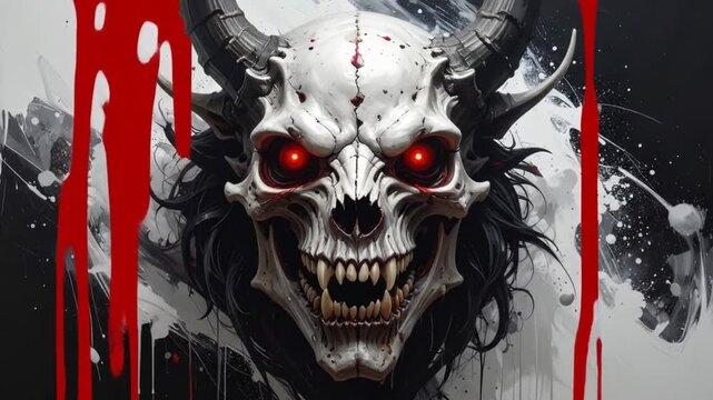 A terrifying demon skull with horns and glowing red eyes, surrounded by blood-like drips