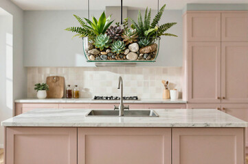 Fototapeta premium A modern kitchen with pink cabinets, a marble island, and a hanging glass planter filled with succulents and rocks.