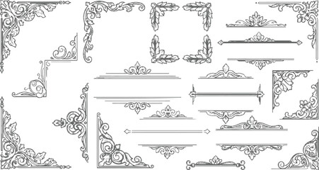 Set of vintage decorative design elements featuring ornamental victorian frames and floral calligraphic scrolls for classic wedding invitation labels and retro vector illustrations
