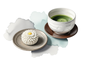 Watercolor still life of a delicate white chrysanthemum nerikiri wagashi and bright matcha tea in a rustic chawan, isolated against soft gray and teal washes. Concept of refined japanese tradition