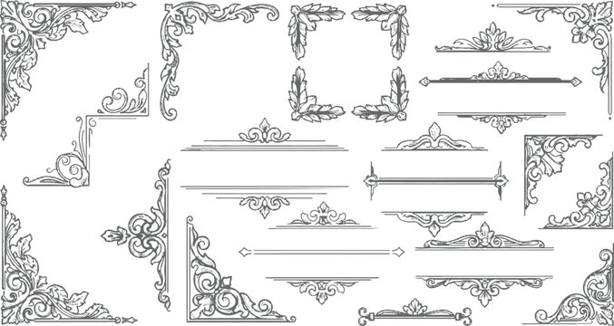 Set of vintage  decorative design elements featuring ornamental victorian frames and floral calligraphic scrolls for classic wedding invitation labels and retro vector illustrations