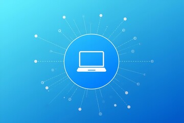 A modern laptop icon surrounded by connected dots on a blue background, representing technology and networking.