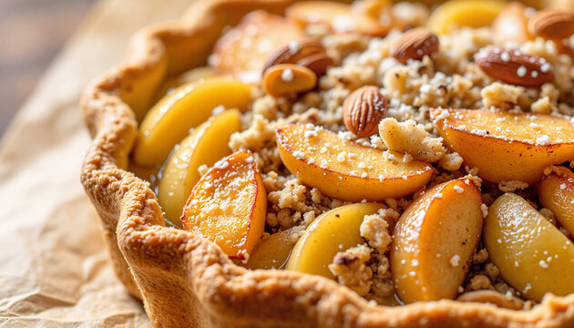 Close-up culinary shot, delicious apple pie starring, apples cooked with honey, then topped with a crunchy, buttery mix of flour, spices, and almonds.