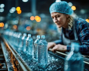 Female worker in sterile factory setting inspecting bottled water on production line