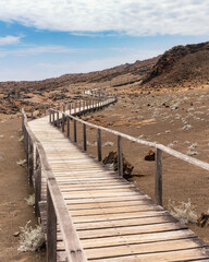 Wooden steps and boardwalks on the beautiful hike to the top of Bartolome Island in the Galapagos 