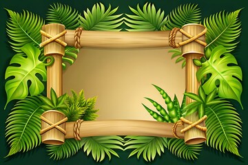 Tropical jungle frame with lush green leaves and bamboo border