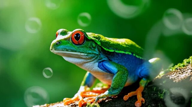 R&atilde;-arbor&iacute;cola-de-olhos-vermelhos em galho com musgo e efeito de bolhas m&aacute;gicas, conceito de natureza vibrante