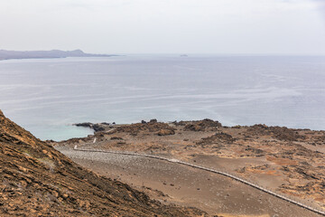 Wooden steps and boardwalks on the beautiful hike to the top of Bartolome Island in the Galapagos 