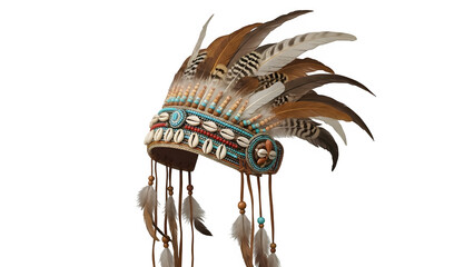 Authentic native american headdress with feathers and beads, traditional war bonnet isolated on transparent background