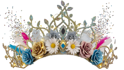 Glittering fairy tale princess tiara crown decorated with flowers feathers and sparkling accents isolated on transparent background