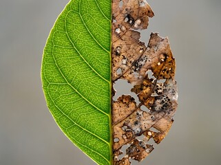 Half Fresh Decayed Leaf Symbolizing Environmental Damage and Climate Change
