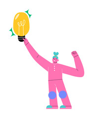 Happy woman holding lightbulb. Editable concept. Colorful vector illustration