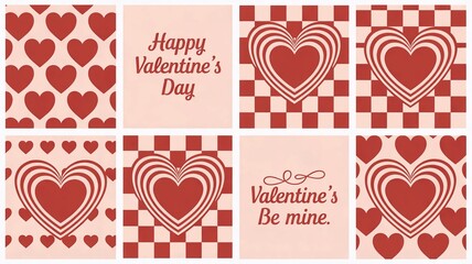 Collection of valentine s day themed greeting card designs featuring red hearts and romantic messages on patterned backgrounds