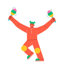 Happy woman playing maracas. Colorful vector illustration