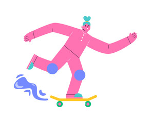 Happy woman playing skateboard. Colorful vector illustration