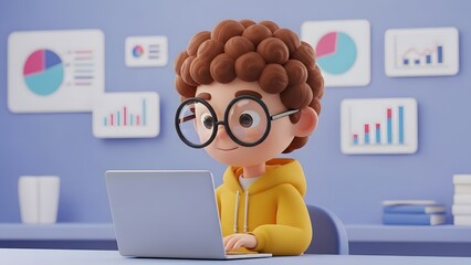 Cartoon boy with glasses working on laptop with charts displayed