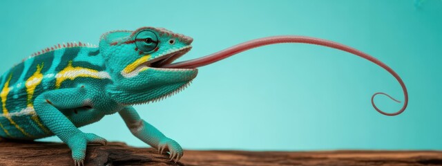 A vibrant turquoise chameleon with a long red tongue extended on a wooden surface against a blue background