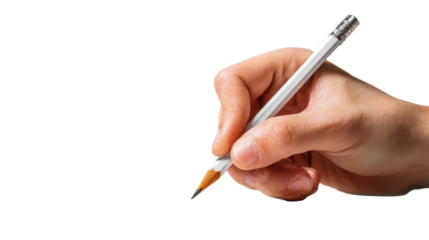 Hand holding a pencil ready to write on a clean sheet of paper in a simple setting