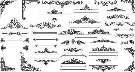 Set of vintage calligraphic design elements featuring ornamental victorian frames floral borders and decorative retro dividers for classic page decoration