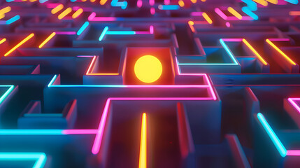Futuristic neon maze design with glowing yellow sphere for modern conceptual art