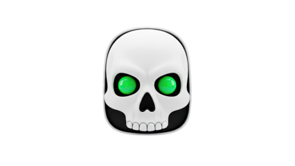 3D Skull with Glowing Green Eyes on White Background