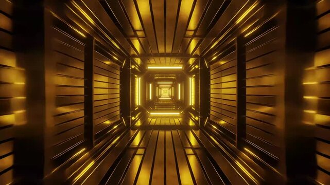 Futuristic golden sci-fi corridor with glowing light panels. High-tech digital tunnel for cinematic technology environments. Immersive corridor animation for modern visual design.