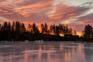  Stunning Pink Sunrise over Frozen Norwegian Cabins by Kr&oslash;deren Lake at Dawn