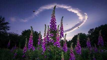 Purple foxglove flowers blooming in a field with a dramatic circular cloud formation in the evening sky