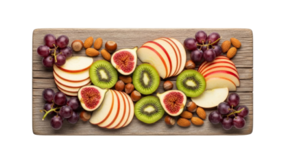 Wooden board with Mix of fruits and nuts: apple slices, kiwi, figs, grapes, almonds, and hazelnuts isolated on transparent background