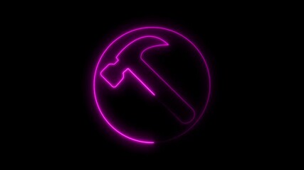 Glowing Neon Hammer Icon Animation on Black Background, Construction Tool Symbol, Repair Service, Industry Work, Maintenance Concept for Corporate Video, Technology Presentation and Modern