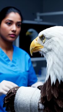 Veterinarian Bandaging Injured Bald Eagle in Clinic