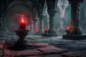 Mysterious night fire illuminating stone cloisters with red candle glow