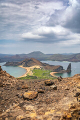 Panoramic view of Bartolom&eacute; Island in the Galapagos from its summit, featuring the iconic Pinnacle Rock formation