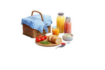 Picnic setup on a blue checkered blanket with food items and drinks arranged around a wicker basket