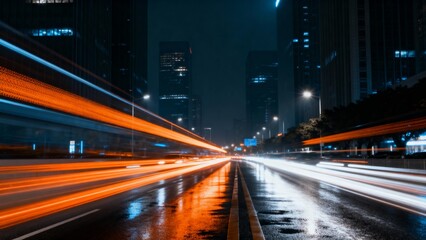 Night city street with light trails and urban traffic