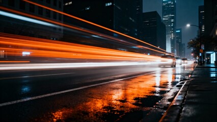 Night city street with light trails and urban traffic