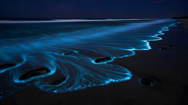 Ocean waves glowing with bioluminescent algae on a dark sandy beach at night.