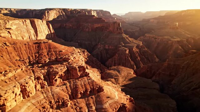 Grand Canyon vast layered rock formations bathed in golden sunlight at dawn or dusk