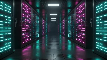 Futuristic data center server room animation with glowing racks and cables. Server infrastructure for cloud computing, data storage, and network systems. Modern technology corridor visualization - Powered by Adobe