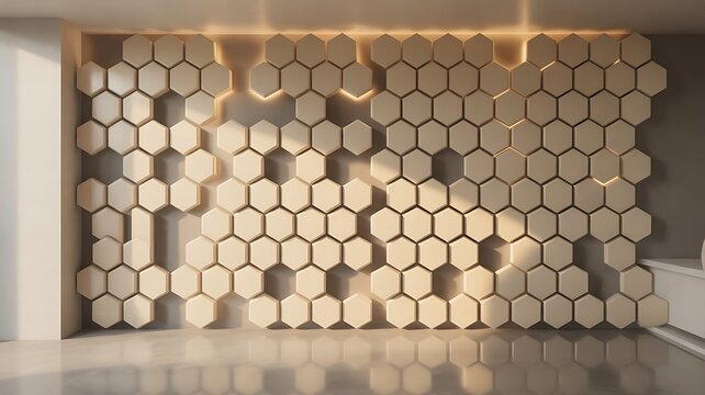 Modern interior design featuring a textured beige hexagonal wall panel illuminated by warm ambient and natural sunlight