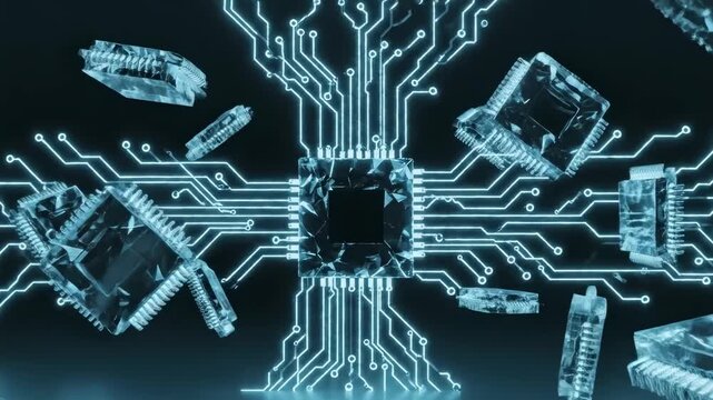 Dynamic Abstract Background of Floating Crystal Microchips with Electric Lightning Effects