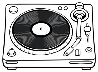 Stylized line art illustration of a classic turntable with a vinyl record for retro music concepts