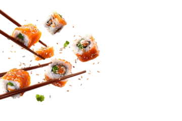 Sushi rolls flying with chopsticks in a simple setting on a gray background