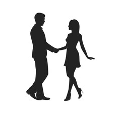 Man dances with a girl holding her hand logo in full-length side view. Сouple silhouette graphic design. Isolated on white background