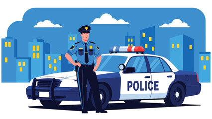 Modern vector illustration of police officer standing beside patrol car on city street, public safety and crime prevention concept © meeblues