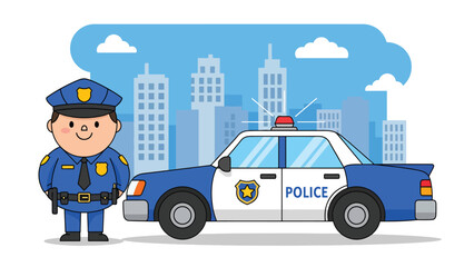 Modern vector illustration of police officer standing beside patrol car on city street, public safety and crime prevention concept © meeblues
