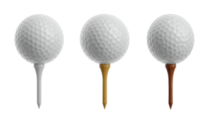 Three golf balls on tees png isolated on transparent background
